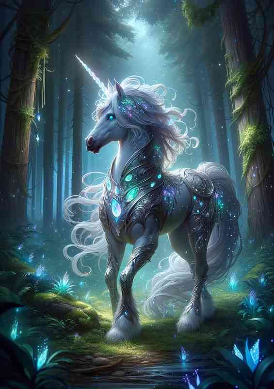 Unicorn warrior standing in a mystical forest glade | Poster