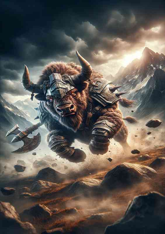 Warrior animal in a dynamic action pose a fierce bison | Metal Poster