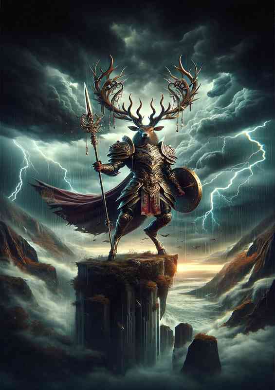 Warrior animal in an intense action scene a majestic stag | Poster