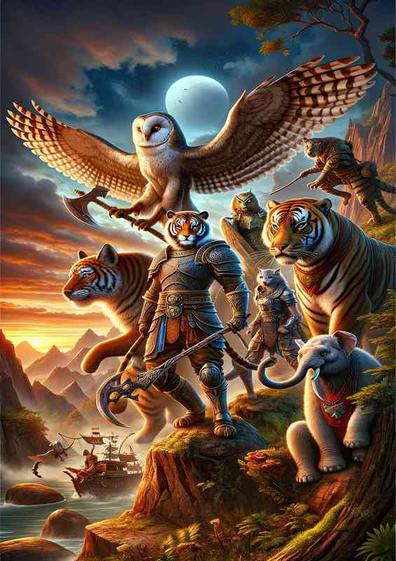 Warrior animals in a fantastic composition the owl and tiger | Canvas