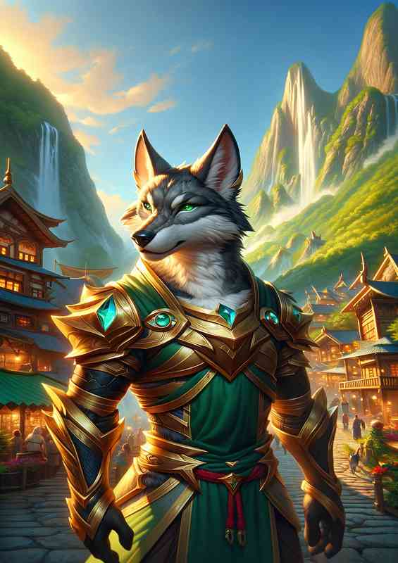 Wolf warrior standing confidently in a mountain village | Canvas