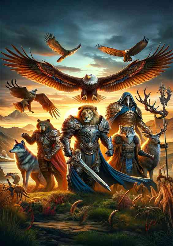 warrior animals in a fantastic composition the bear and the Lion | Poster