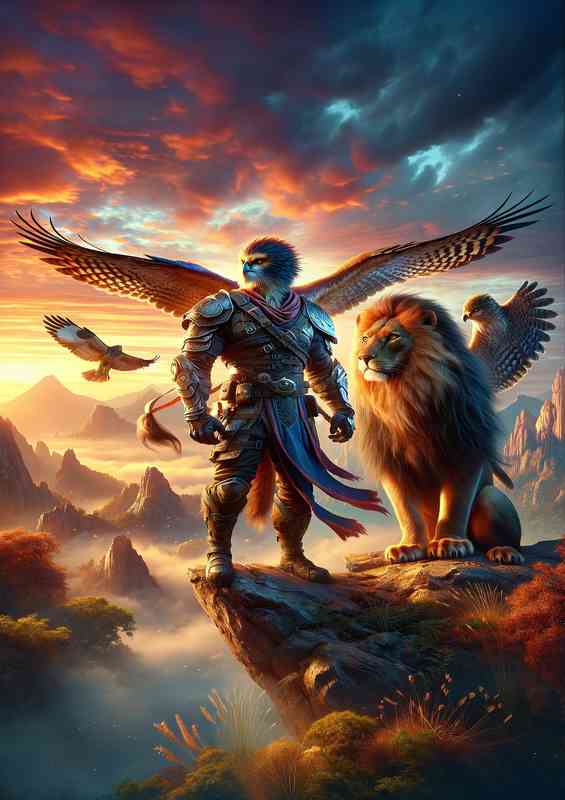 warrior animals lion eagle in a fantastic composition | Poster