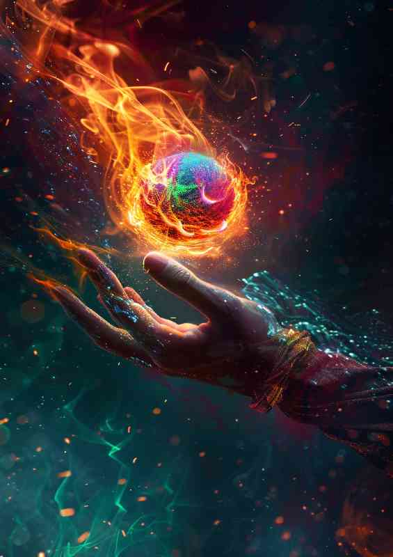 Colorful fireball in the hand with flames | Poster