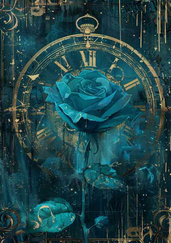 The big clock and blue rose flower | Canvas