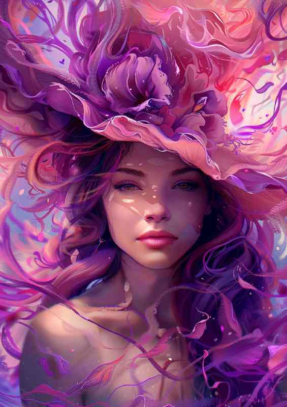 Beautiful flowing hair made of petals and purple hat | Di-Bond