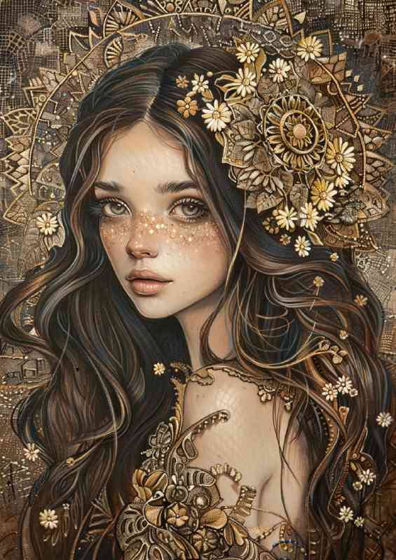 Beautiful woman with long hair wearing an intricate detail | Metal Poster