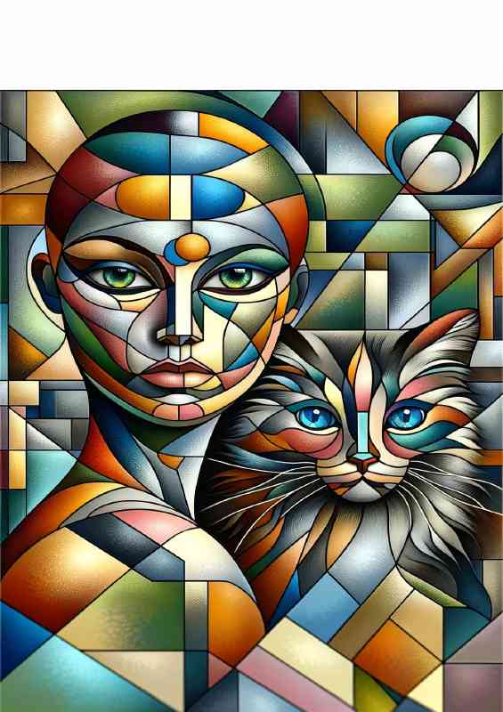 Deconstructing the forms of a woman and a cat into geometric shapes | Metal Poster