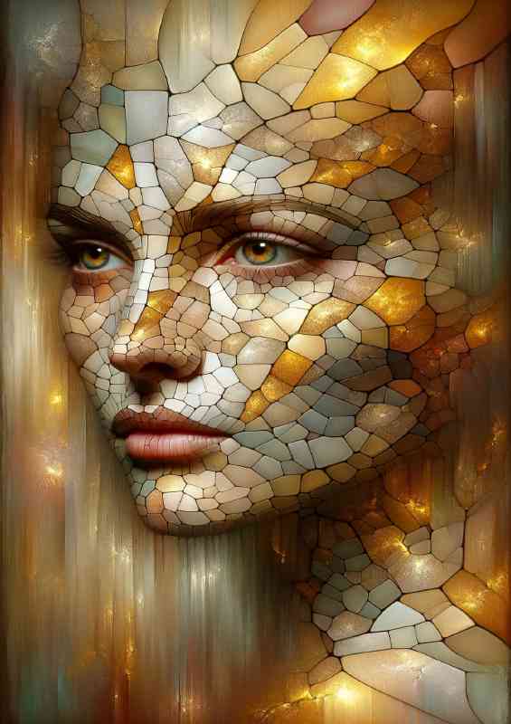 Entire face of a woman fragmented like a mosaic with golden veins | Canvas