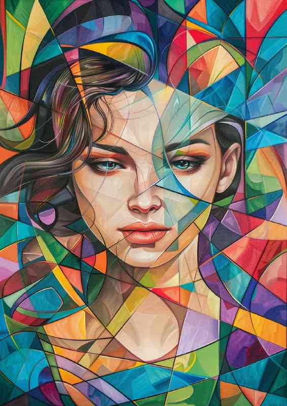 Woman is surrounded by colorful geometric paterns | Poster