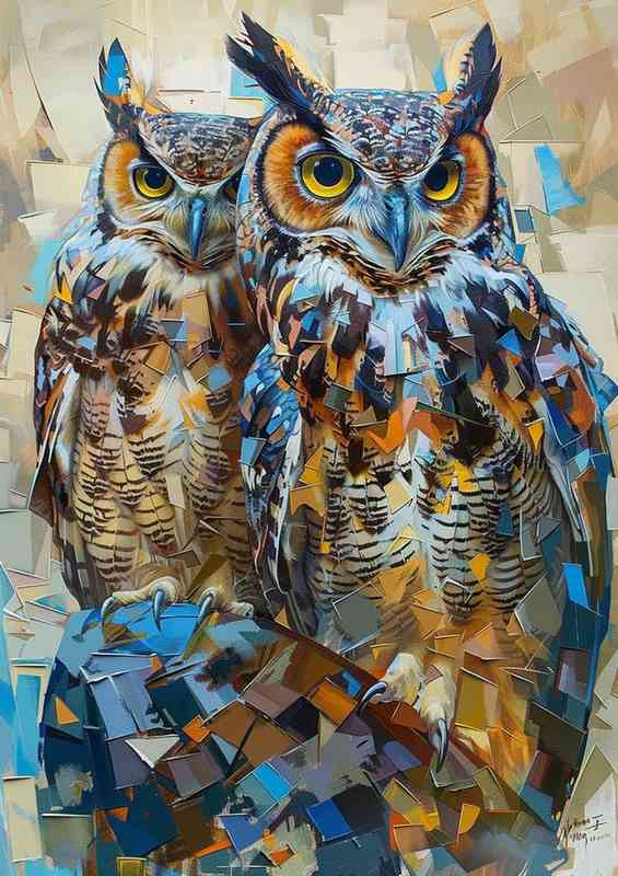 A Painted style of long eared Owls | Poster