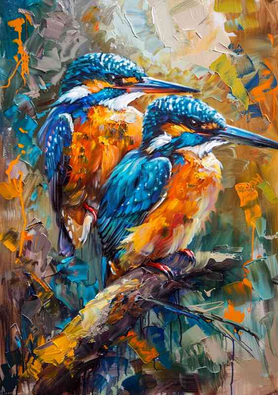 Art painting of two kingfishers on the branch | Canvas