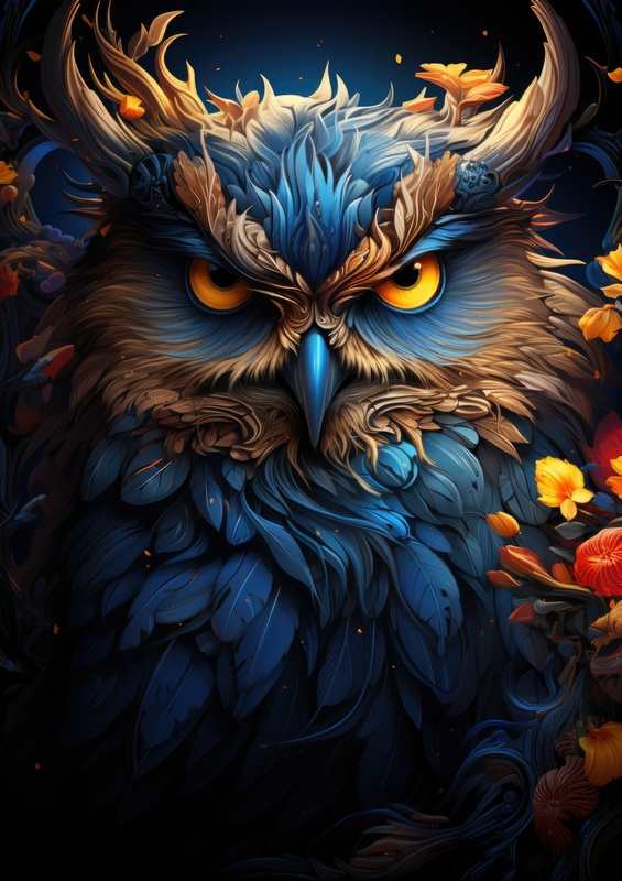 Blue Owl with yellow eyes | Metal Poster