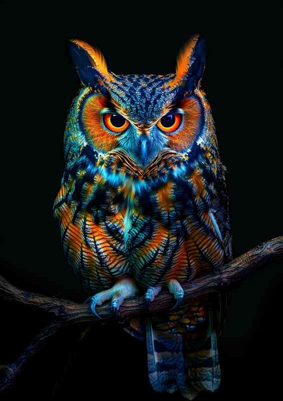 Colorful Owl perched on a branch black background | Di-Bond