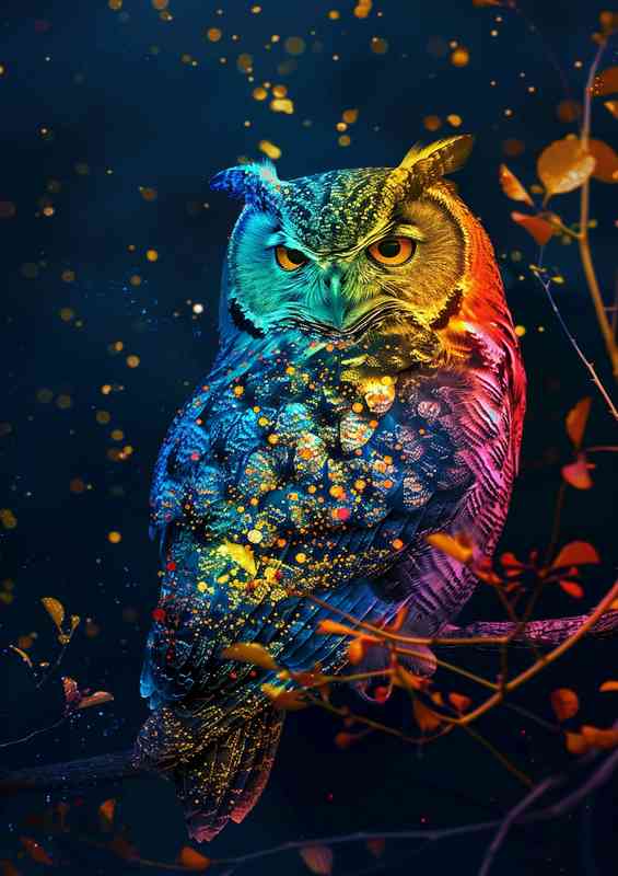 Colorful rainbow Owl at night | Canvas
