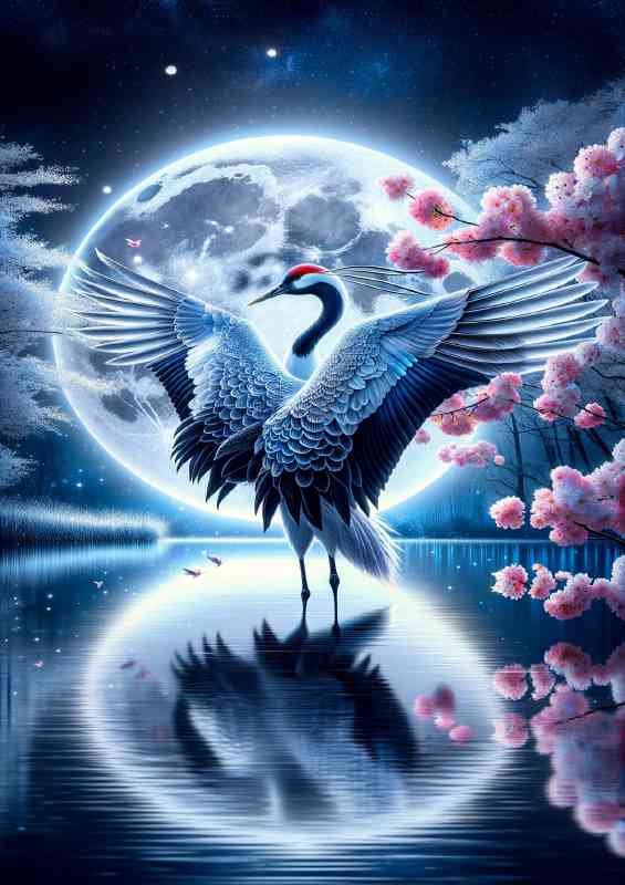 Crane standing by a moonlit pond its feathers intricately patterned | Poster