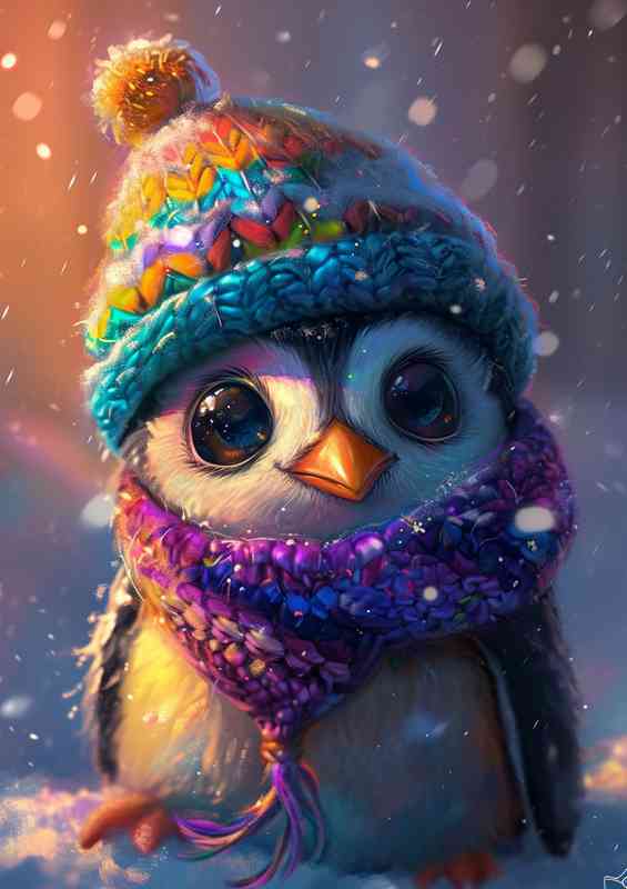 Cute cartoon penguin wrapped up | Metal Poster