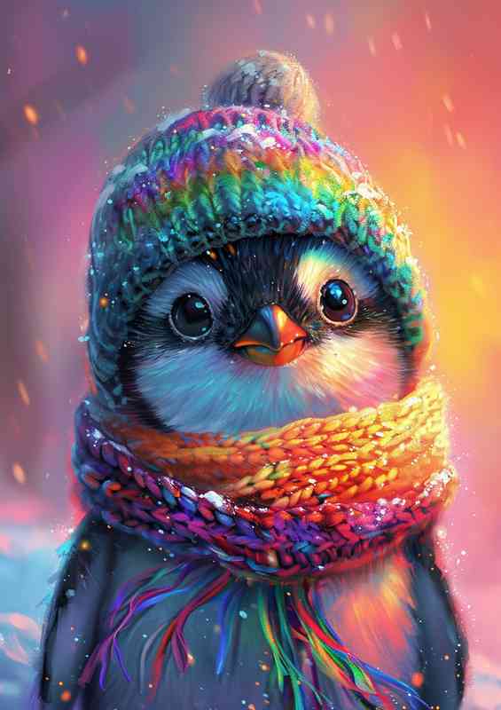 Cute cartton pengiun in a rainbow hat | Poster