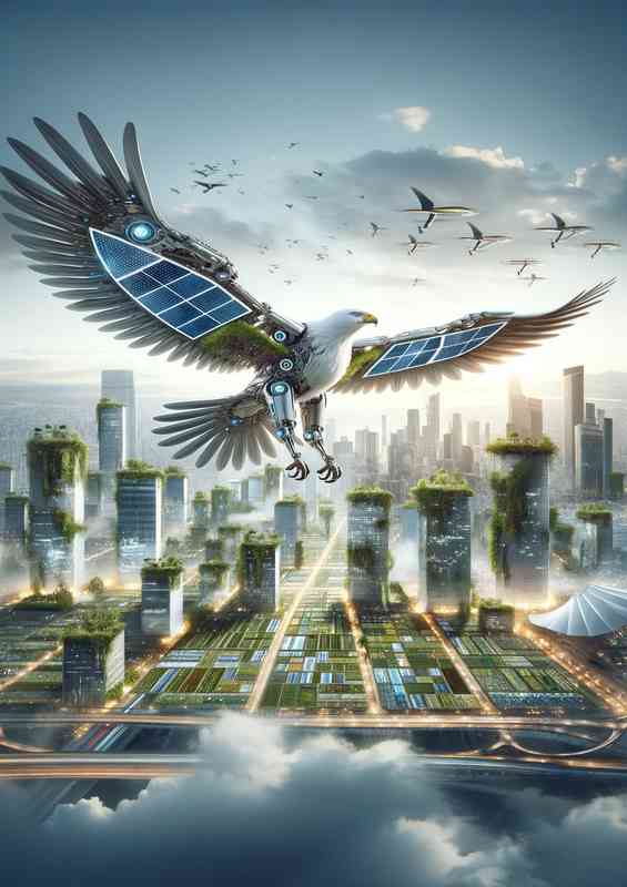 Eagle soaring above a futuristic cityscape | Poster