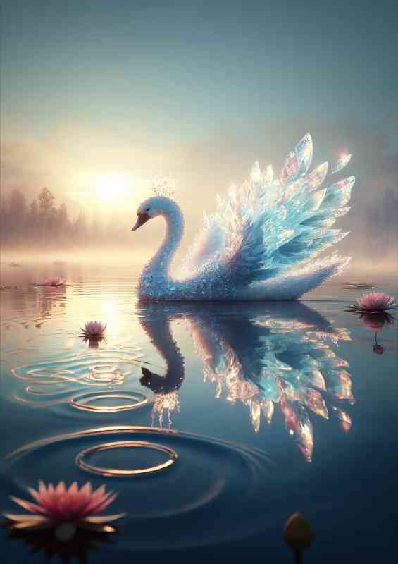 Ethereal Swan shimmering crystals floating on a misty lake | Poster