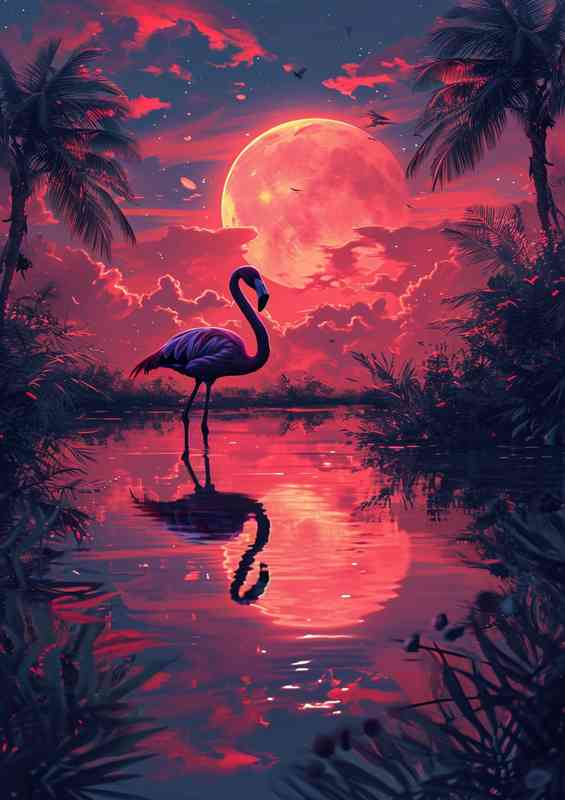 Flamingo at night in the lake | Canvas