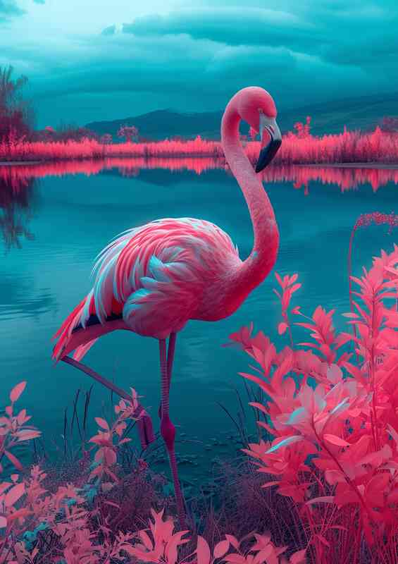 Flamingo in a field by a lake neon | Poster