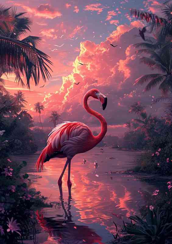 Flamingo in the pink lake | Canvas