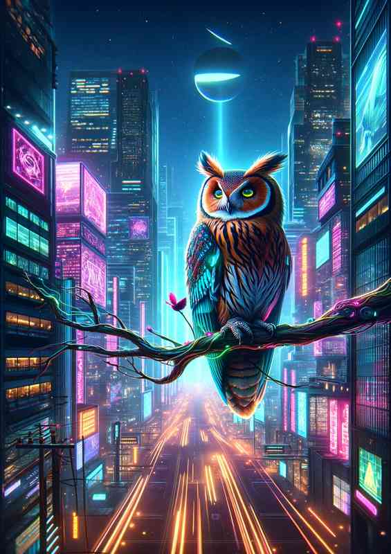 Futuristic owl on a neon lit branch | Metal Poster