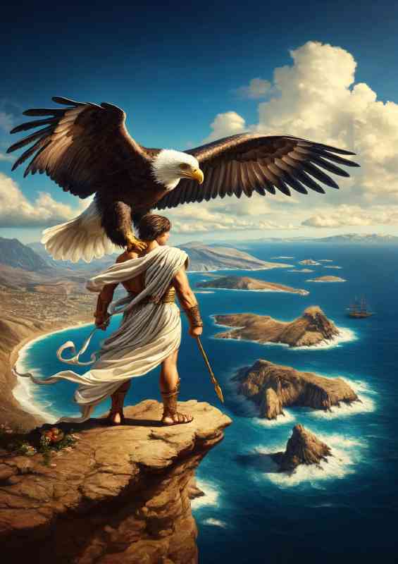 Greek hero with a majestic eagle standing on the edge of a cliff | Di-Bond