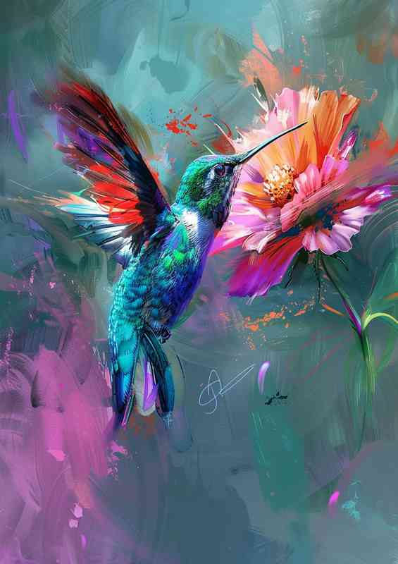 Hummingbird with a flower colorful | Canvas