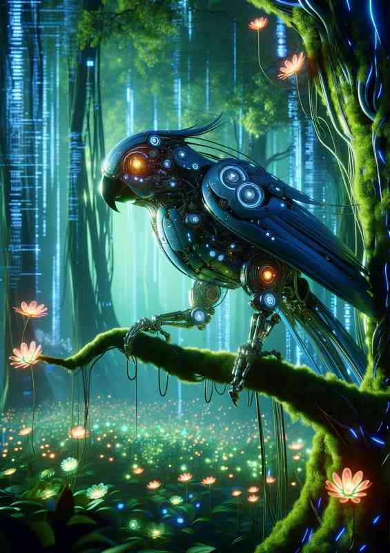 Mechanical parrot perched on a glowing digital tree branch | Canvas