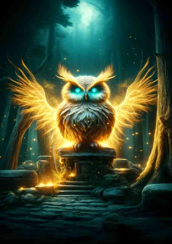 Mythical Owl with glowing golden feathers perched in a twilight forest | Canvas