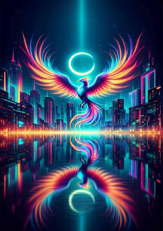 Neon Phoenix its wings spread wide as it flies over a futuristic city | Di-Bond