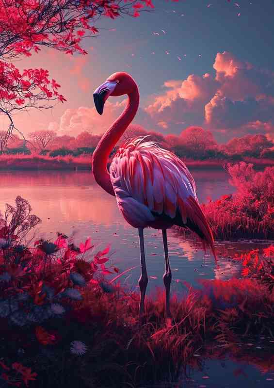 Neon flamingo by the lake | Metal Poster