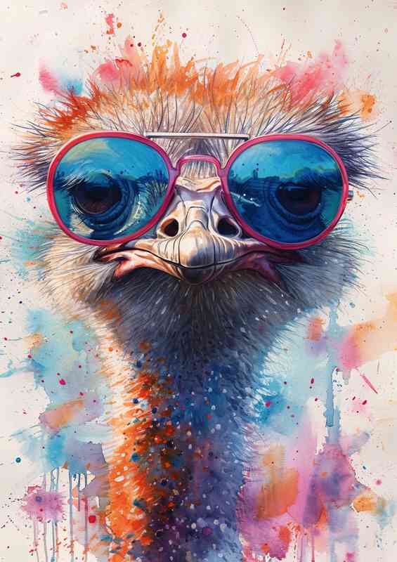 Ostrich wearing colorful glasses in watercolor | Poster