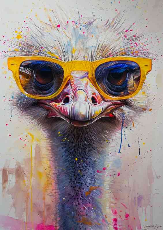 Ostrich with yellow glasses on his face | Di-Bond