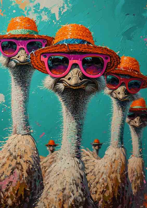 Ostriches wearing sunglasses and hats | Canvas