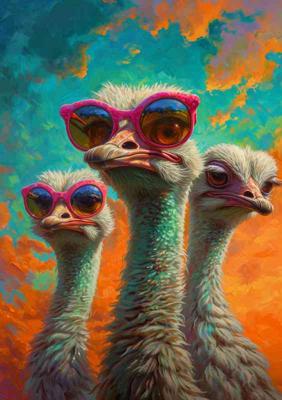 Ostriches with red sunglasses in the sun | Poster