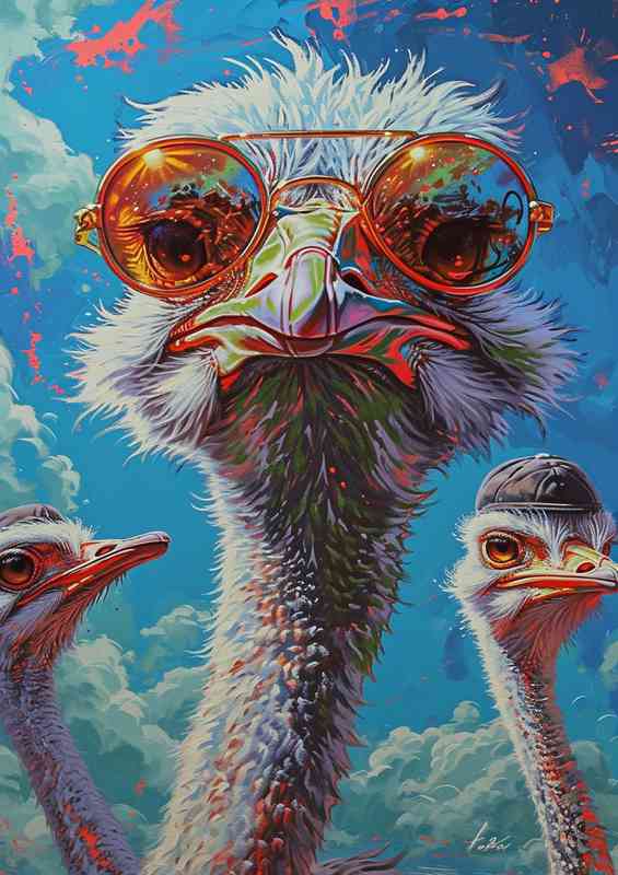 Ostriches with sunglasses blue sky | Metal Poster