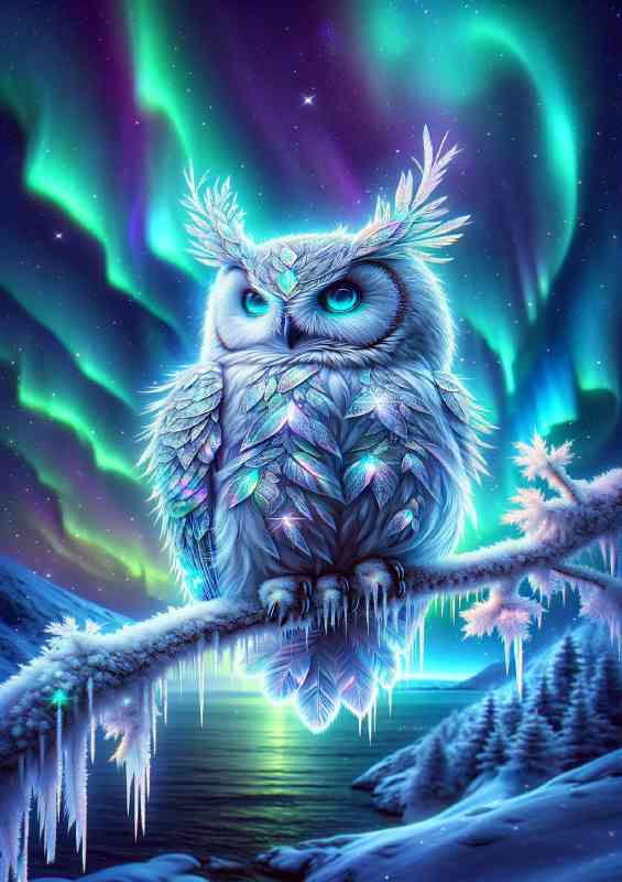 Owl adorned with crystalline frost covered branch | Canvas