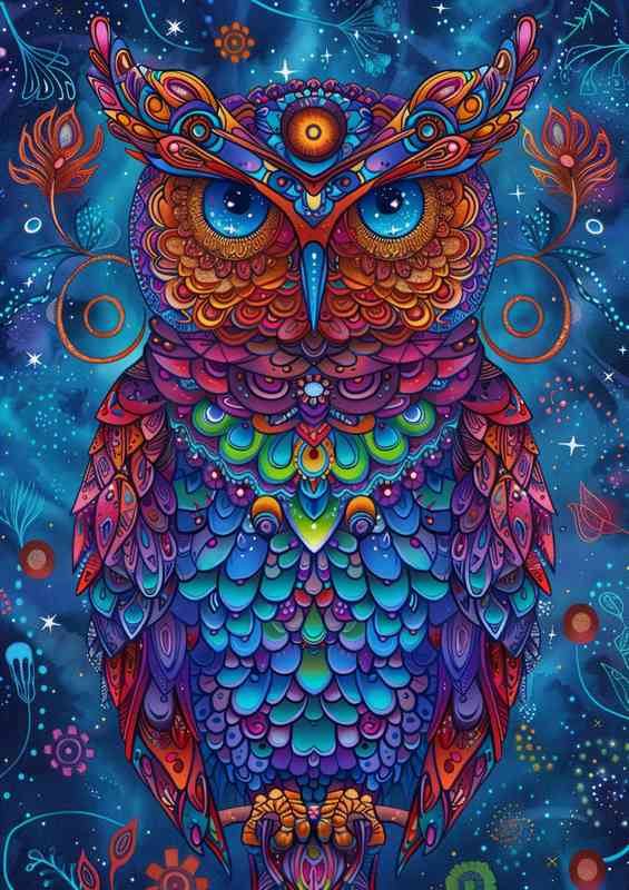 Owl in blue purple and red with a starry background | Canvas