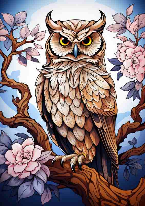 Owl on a flowering branch | Di-Bond