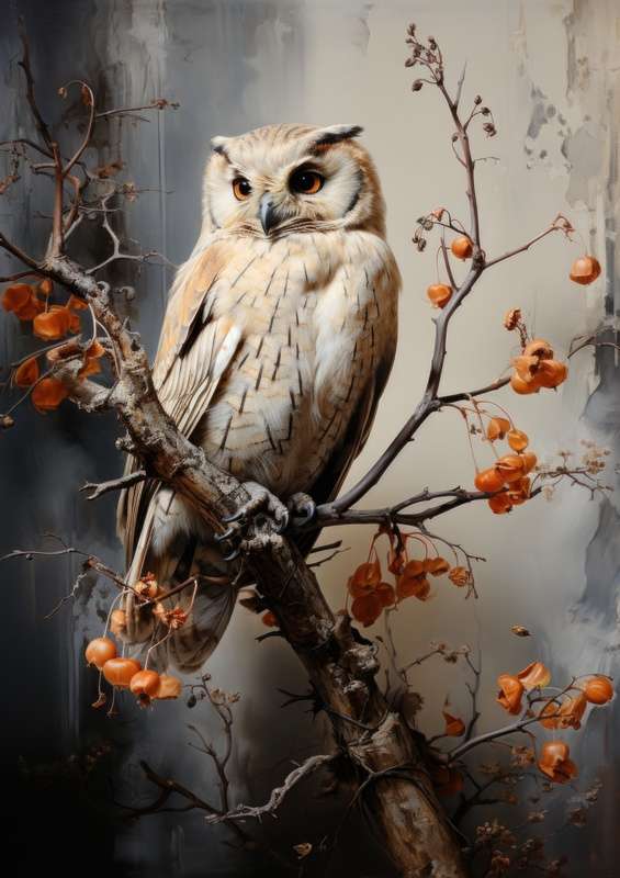 Owl with greys on a branch | Metal Poster