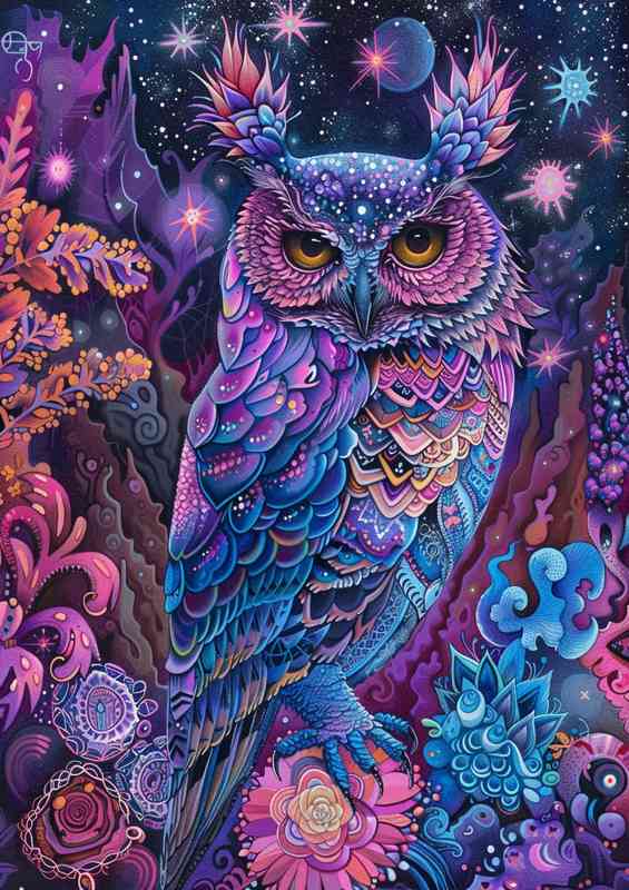 Painted style Owl with purlpe stars | Poster