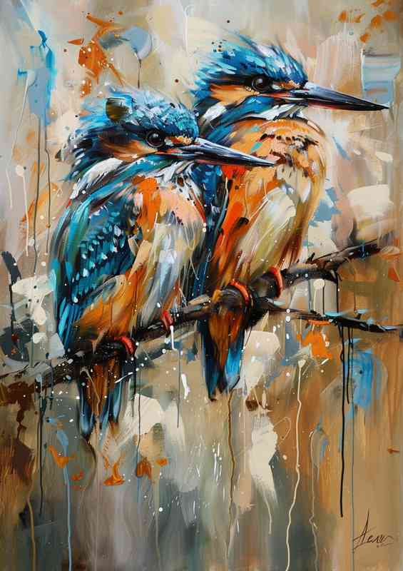 Painted style of kingfishers on a perch branch | Poster