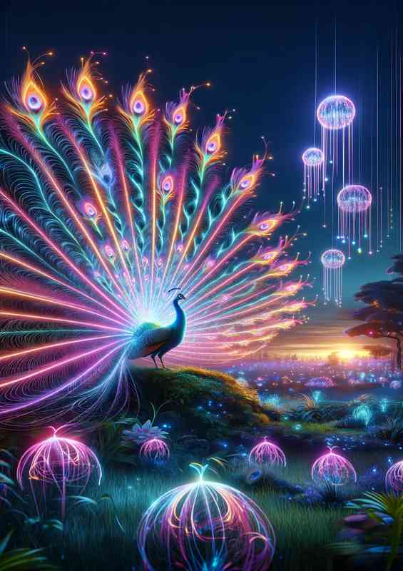Peacock displaying its feathers in a neon lit garden at dusk | Canvas