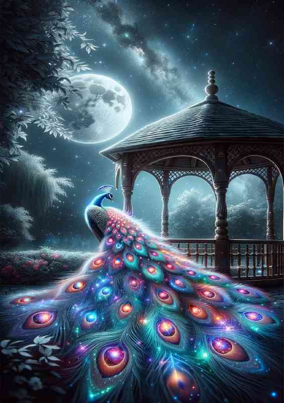 Peacock feathers adorned with vibrant cosmic patterns | Poster