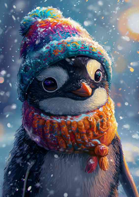 Penguin wearing a colorful hat in the rain | Canvas