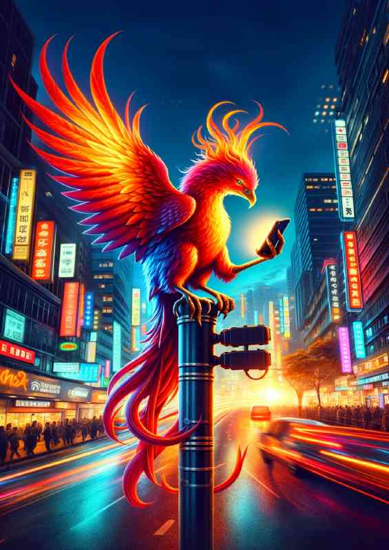 Phoenix brilliantly colored using a smartphone while perched on a busy city | Poster