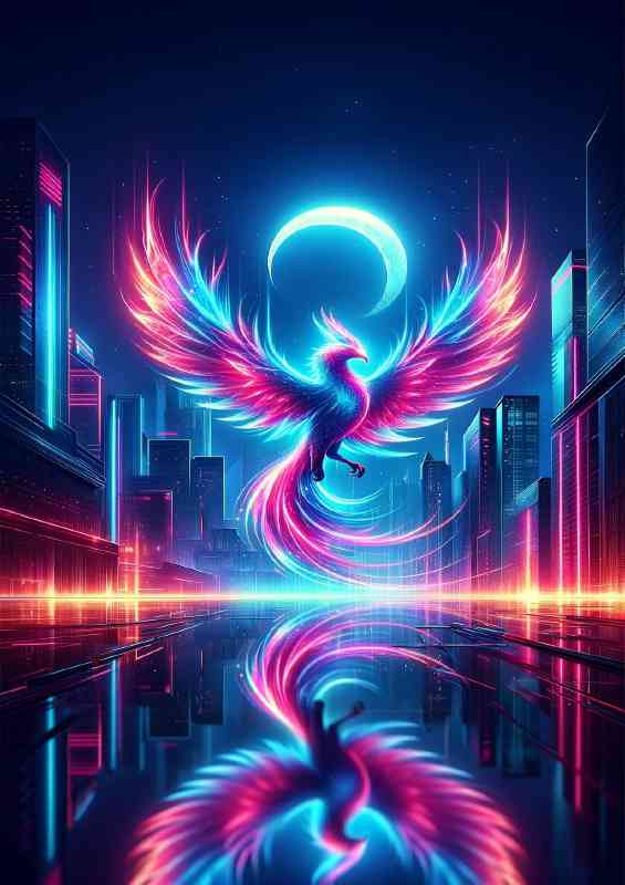 Phoenix soaring over a futuristic cityscape a crescent moon | Metal Poster